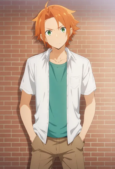 score_9, score_8_up, score_7_up, source_anime, 1boy, solo, looking at viewer, (head tilt),  straight-on, hands in pocket, against wall, brick wall, kouichi_shindou, orange hair, green eyes, ahoge, short hair, bangs, parted bangs, annoyed, frown, wide-eyed, layered clothes, white shirt, open shirt, t-shirt, brown pants, anime coloring, <lora:kouichi_shindou_pony:.85>