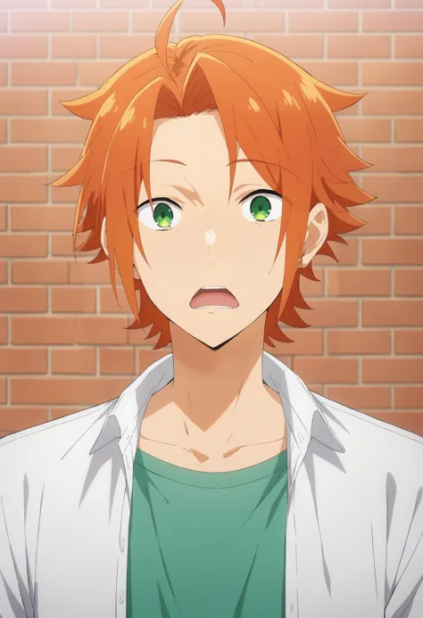 score_9, score_8_up, score_7_up, source_anime, 1boy, portrait, looking at viewer, brick wall, kouichi_shindou, orange hair, green eyes, ahoge, short hair, bangs, parted bangs, surprised, o_o, open mouth, teeth, layered clothes, white shirt, open shirt, t-shirt, anime coloring, <lora:kouichi_shindou_pony:.85>