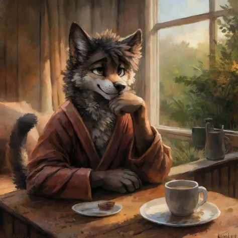 painting of a cat sitting at a table with a cup of coffee