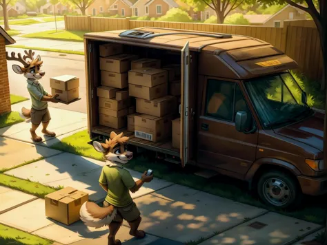 cartoon of a man and a woman loading boxes onto a moving truck