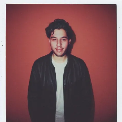 arafed man in a black jacket standing in front of a red wall