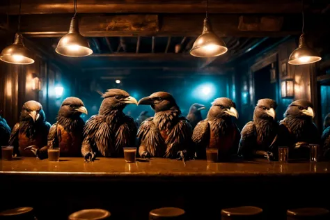 there are many birds sitting on a bar with lights on