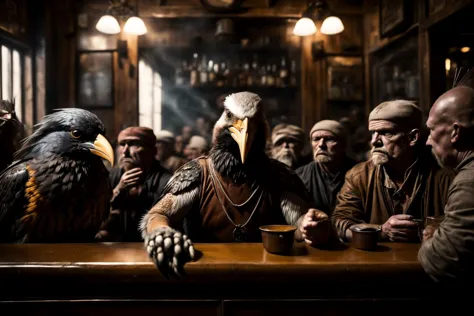 there are many men sitting at a bar with birds on their heads