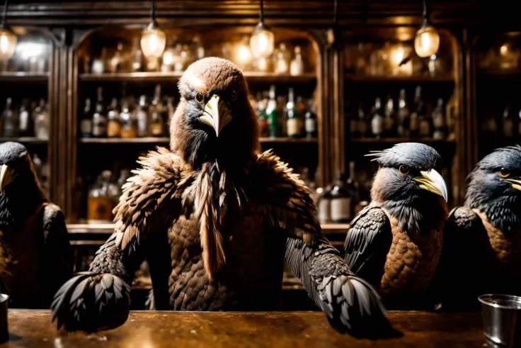 several birds are sitting on a bar with a man in the background