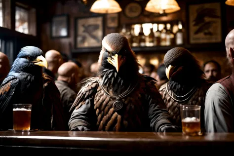 several people sitting at a bar with birds on their heads