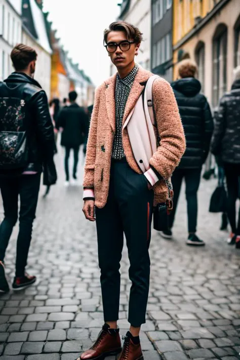 a man in a pink coat and black pants standing on a cobblestone street