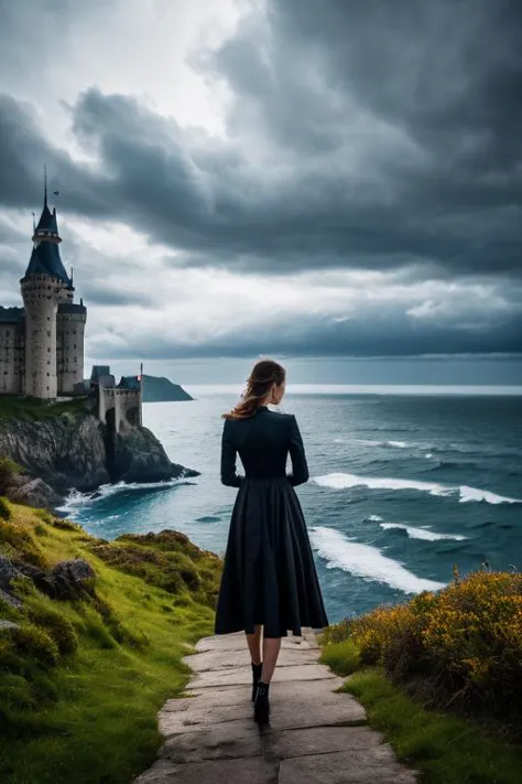 a woman in a black dress standing on a path near the ocean