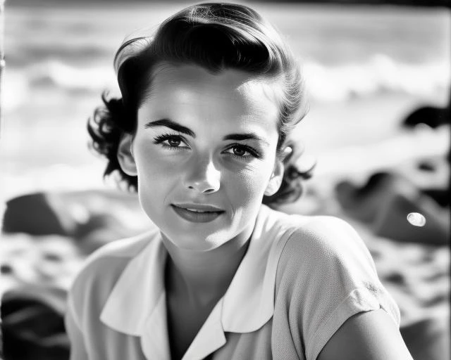 a black and white photo of a woman sitting on a beach