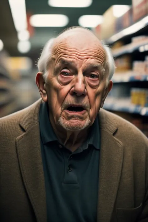 Stunning professional film still. Closeup, upper body, slight twist. A grumpy old man in a grocery store, looking up, surprised expression. Highly detailed, dslr, beautiful face, dof. Soft cinematic lighting. Still shot.