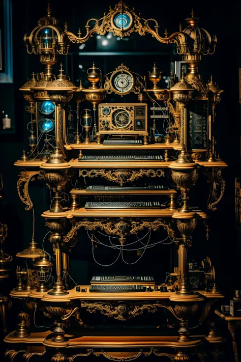 there is a gold clock on a stand with many different clocks