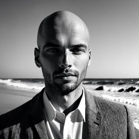 arafed man in a suit and tie standing on the beach