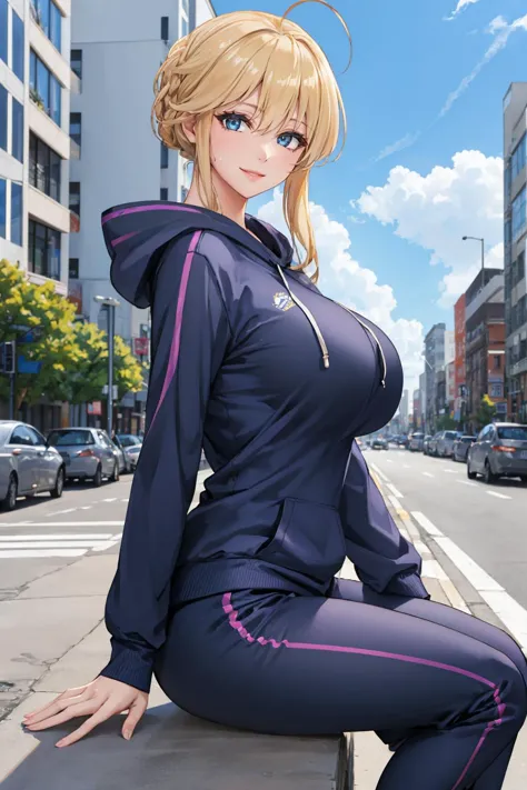 anime girl sitting on a bench in a city street