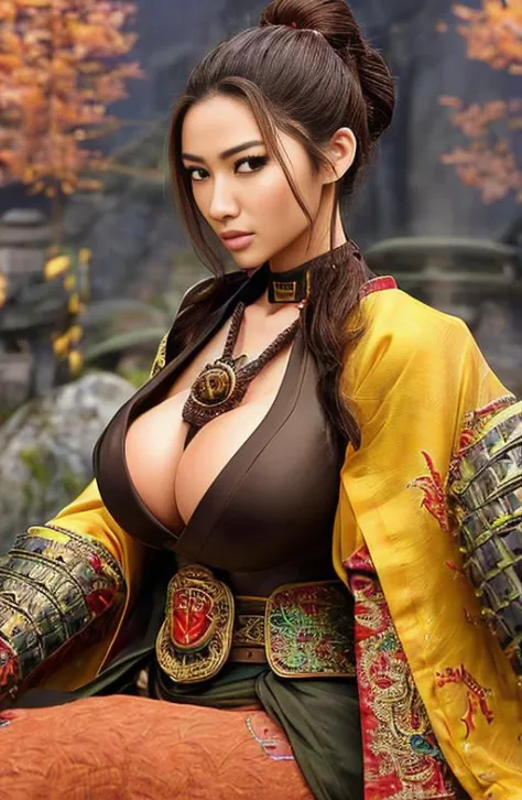 proportional eyes, extremely detailed face, detailed eyes, realistic, photorealistic, extremely detailed, iphone camera, instagram model, huge ass, samurai warrior woman, tiny waist, huge tits, adorable eyes, dragon flying around her, powerful warrior, feu...
