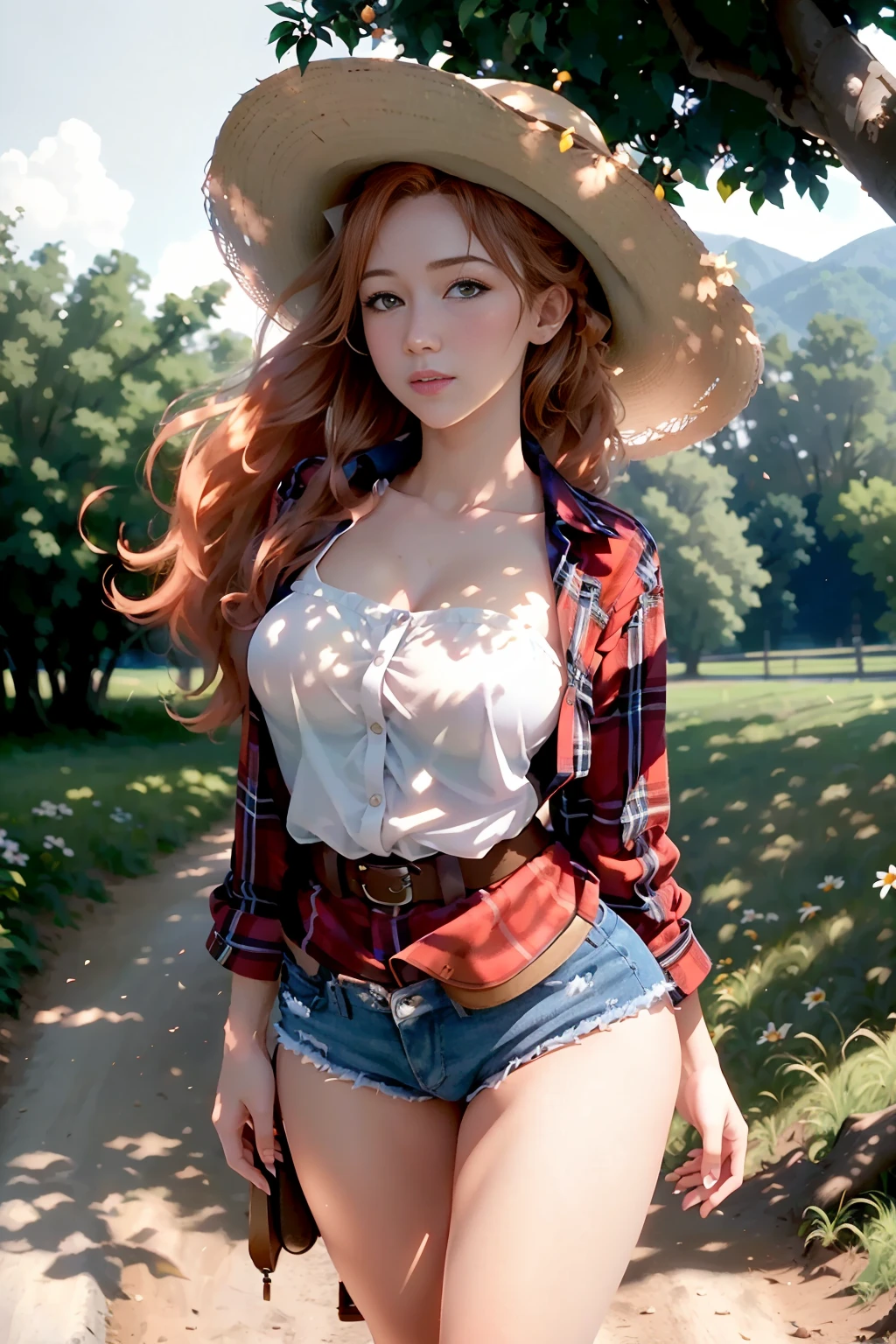 masterpiece, highest quality, colorful cinematic lighting, portrait photograph of  female peach farmer with overflowing [orange|yellow] hair, wearing tight red checkered flannel shirt, daisy dukes, ornate leather cowboy boots, (wearing cowboy hat), (perfect face:1.1), standing under a peach tree in rolling pasture, sunset in the background, dappled light, romantic, HDR, highly detailed, hasselblad, 8k, hyper realistic, eye level shot, f1.4 aperture, 8mm film grain, cinestill 800