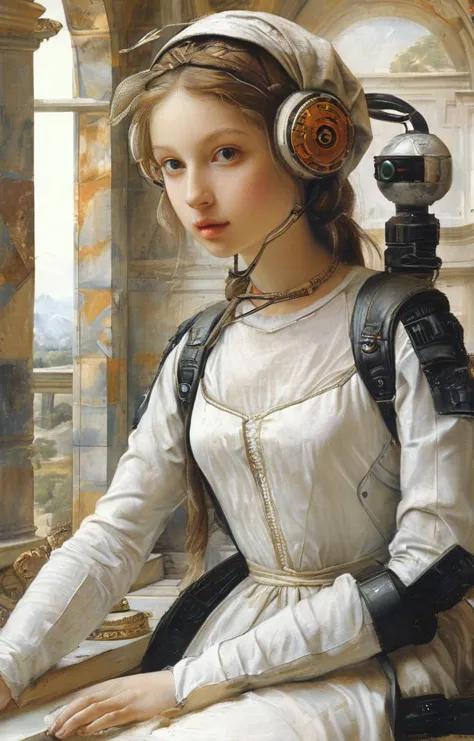 a painting of a woman in a white dress with headphones on