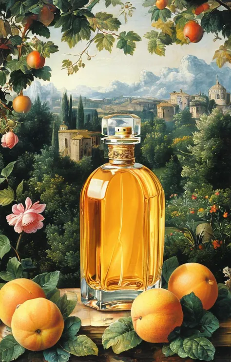 painting of a bottle of perfume surrounded by fruit and flowers