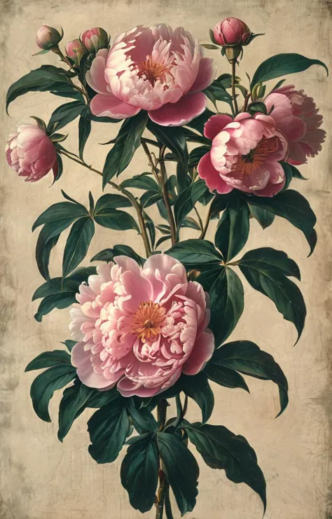 a painting of a bunch of pink flowers on a branch