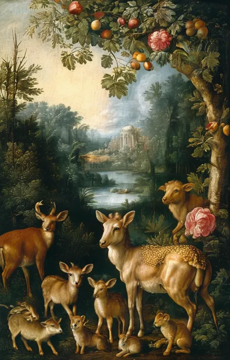 a painting of a group of animals standing in a forest