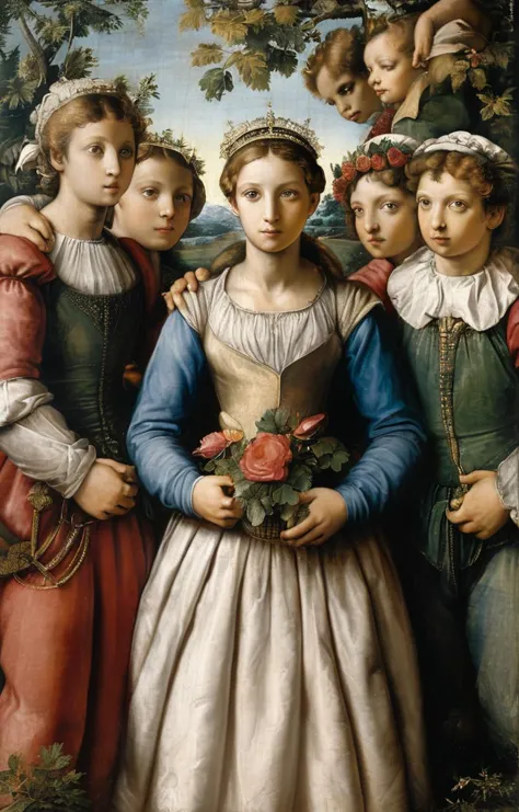 a painting of a group of children standing next to each other