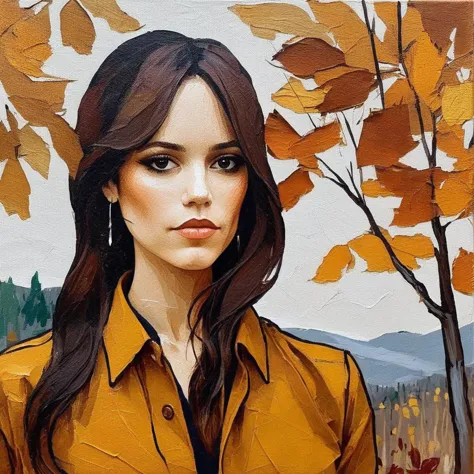 painting of a woman in a yellow jacket standing in front of a tree