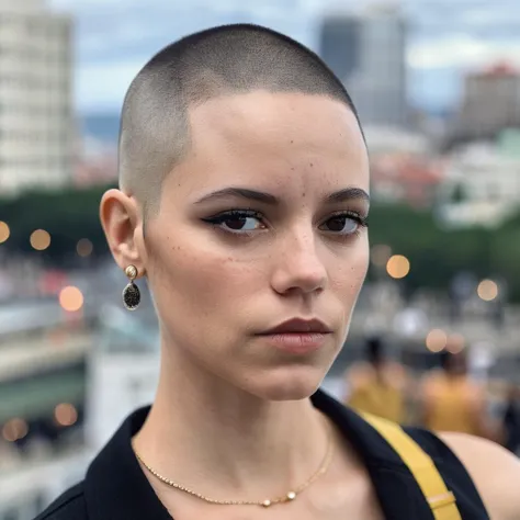 a close up of a woman with a shaved head and a necklace