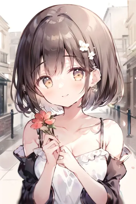 (masterpiece, best quality), 1girl, brown hair, bob cut, brown eyes, eyebrows_visible_through_hair, bangs, blush, smile, perky medium breasts, cleavage, halterneck, white camisole, bare_shoulders, collarbone, detached_sleeves,white background, upper body, (holding bouquet), blue pink white flowers, gomzi <lora:try2:0.6>  <lora:gomiz:0.8>