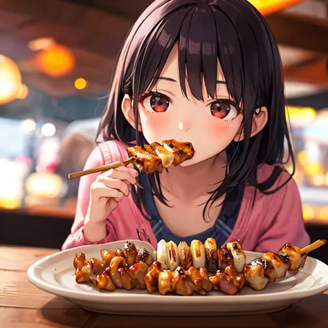 1girl, in mouth  (girl:1.5)
 yakitori, realistic, food, still life, food focus, blurry, skewer, depth of field, meat, plate