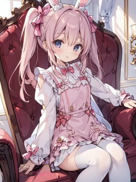 ichiban iiewo tanomu,(close up:1.5),((highly detailed illustration of sitting on sofa)),((detailed room)), cyb dress, frilled dress, layered dress, long sleeves, rabbit ears, hair bow ,looking at viewer,body forward front then arms behind back ,ygirl,