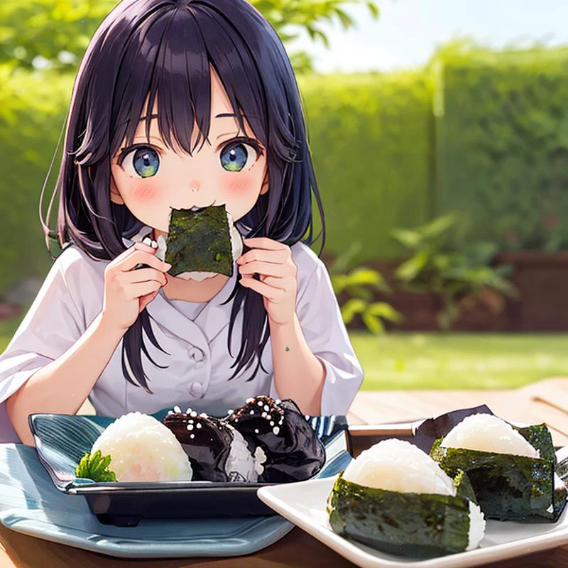 1Chica, en boca  (Chica:1.5),:3,
 onigiri, lámina, alimento, alimento focus, Realista, naturaleza muerta, arroz, borroso, desear (algas marinas)