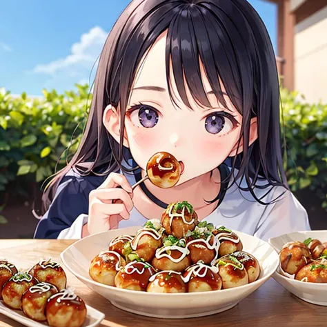 1girl, in mouth  <lora:inmouth:0.9>(girl:1.5),:3,
 <lora:takoyaki_SD15_V1:0.6> takoyaki, realistic, food focus, food, still life, plate