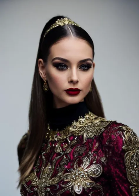 a woman with long hair wearing a red dress and a gold headband