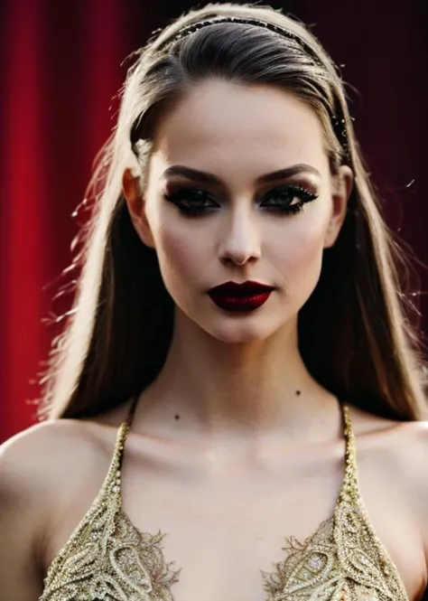 a woman with long hair and a gold dress posing for a picture