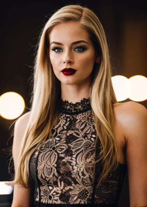 a woman with long blonde hair and a black dress