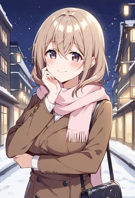 score_9, score_8_up, score_7_up, source_anime BREAK
katase shiori, 1girl, solo, pink scarf, purple eyes, hair between eyes, closed mouth, eyebrows visible through hair, long sleeves, upper body, smile, shoulder bag, long hair, brown coat, brown hair, chin stroking, handbag, hand on own chin, blush, frown, fringe trim, brown jacket, hand up, light brown hair, looking away, arm under breasts, looking to the side, dress shirt, hand on own elbow, blonde hair, brown eyes, crossed arms, hand on own face, medium hair, grey hair, large breasts, enpera, winter clothes, hand on own arm, hair over shoulder, outdoors, night, night sky, christmas lights, buttons, breast hold, holding own arm, sidelocks, head rest, shiny, shiny hair, standing, furrowed brow, stroking own chin, crossed bangs
<lora:katase_shiori_sdxl_locon_pony_v1:0.7>