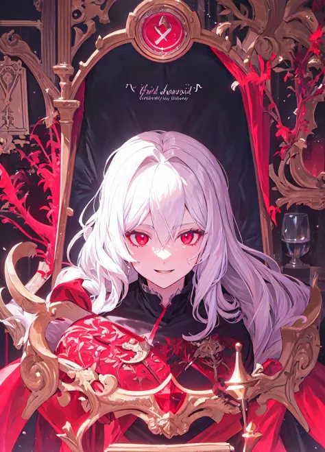 vampire, red alchemy potions,  red alchemy potion, potion bottle, glowing red potion, masterpiece, best quality, ultra-detailed, illustration, ultra-detailed face, best quality face, evil, 30 years old, adult, 1girl, 30 years old,  <lora:majesticContainers_v10:1>, no human, white hair, alchemy outfit, intricate detailed outfit, black outfit, glowing jewellery,