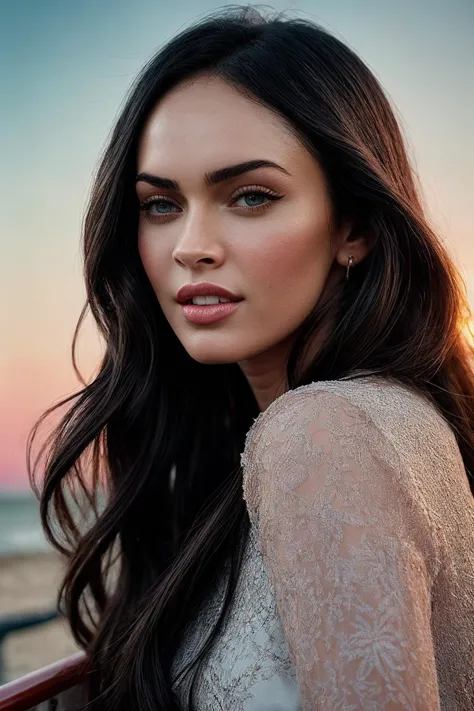 a close up of a woman with long hair and a dress