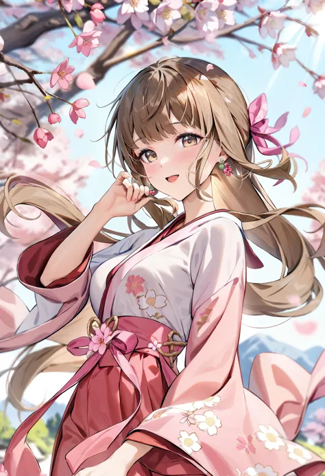 <lora:animagine_style7256193366v5-000210:1>, 1girl, solo, long hair, close up face, pink hakama, cherry blossoms, floral print, ...