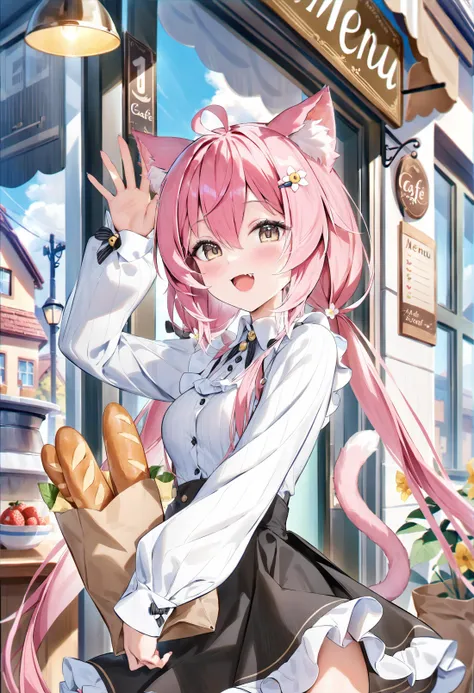 <lora:animagine_style7256193366v5-000210:1>, 1girl, solo, cat ears, pink hair, cat tail, long hair, outdoors, day, smile, :d, bl...