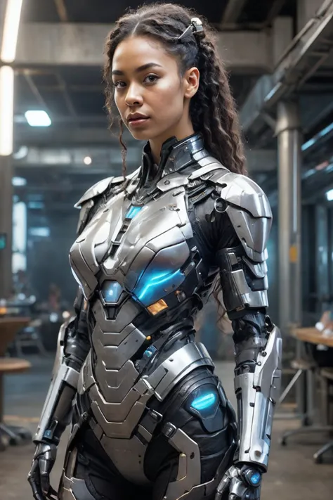 a woman in a futuristic suit standing in a room