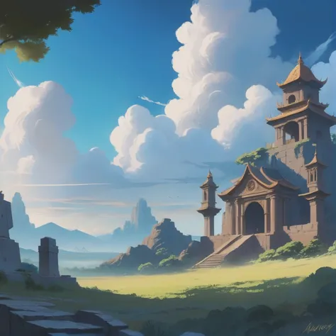 anime style digital painting, morning, blue sky, clouds, architecture, "at the lost city"<lora:envystarlightdigitalpainting01:1>