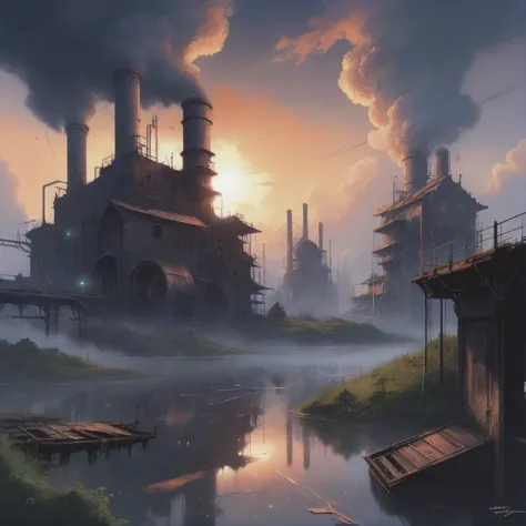 anime style digital painting, reclaimed abandoned factory in a mystical,mysterious fantasy sky megacity outside of the universe,...