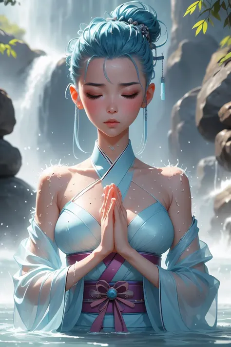 (masterpiece, best quality), 1girl,  Baby blue Mohawk Updo, Size G breasts,  <lora:girlliketakigyoV2:1> takigyo, mudra, close hands together, meditation, falling water hitting body, close eyes, daze eyes, see through hanfu