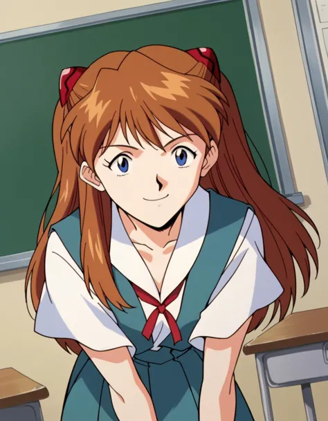 anime girl in school uniform standing in front of a chalkboard