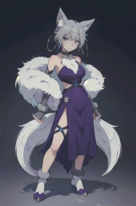1girl, SDOuka, grey hair, wolf ears, wolf tail, hoop earrings, gloves, paw shoes, grey chest fluff, claws, fur, purple dress, (m...