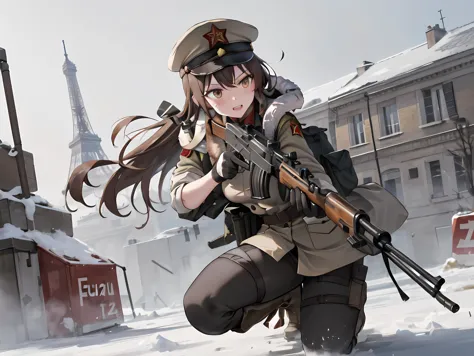 1girl, brown hair, hazel eyes, long hair, large breasts, mature girl, communist hat, communist uniform, fur gloves, boots, aimin...