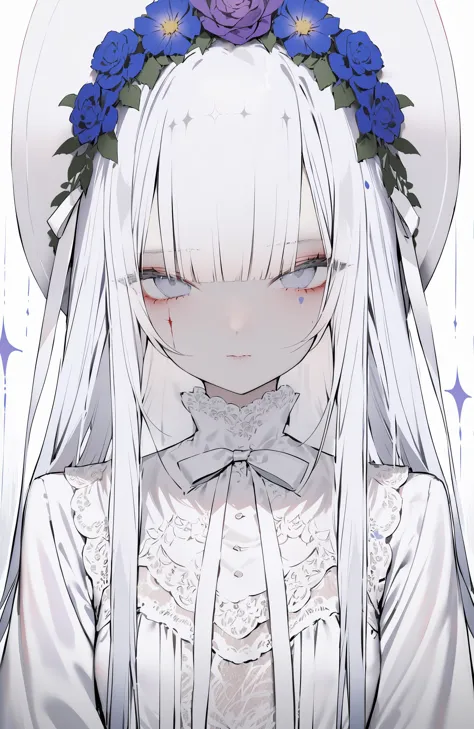 masterpiece, best quality,1girl, flower, solo, white hair, yellow flower, purple flower, bangs, dress, grey eyes, looking at vie...