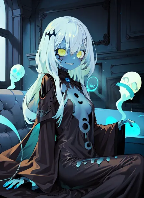 ((best quality)), ((highly detailed)), absurdres, detailed face, beautiful face, (detailed eyes, deep eyes), (1girl), laying down, ((ghost-girl)), ((undead)), ecto woman, ((powder_blue colored skin:1.3)), ((white colored hair:1.3)), ((yellow eyes)), ((glowing eyes)), (eye bags), (monstergirl), medium breasts, ((crazy grin)), smoky skull, flowing ((black gown)), ((graveyard)), fog, (indoors, at a bar, bar tender outfit), 