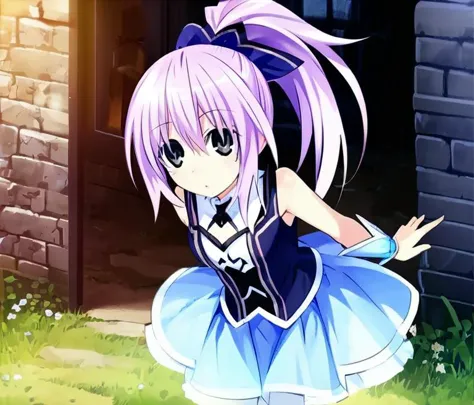 anime girl in a blue dress with a purple hair and a black top