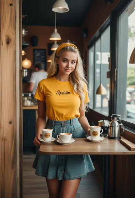 (medium full shot) of (friendly barista) young woman, petite build, long blonde retro hair, black american, dark skin, hazel eye...