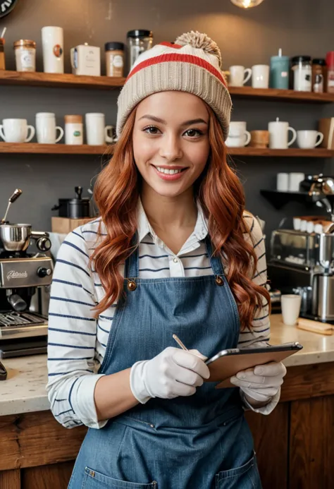 (medium full shot) of (skilled barista) young woman, tiny build, extra long red retro hair, spanish, tan skin, light brown eyes,...